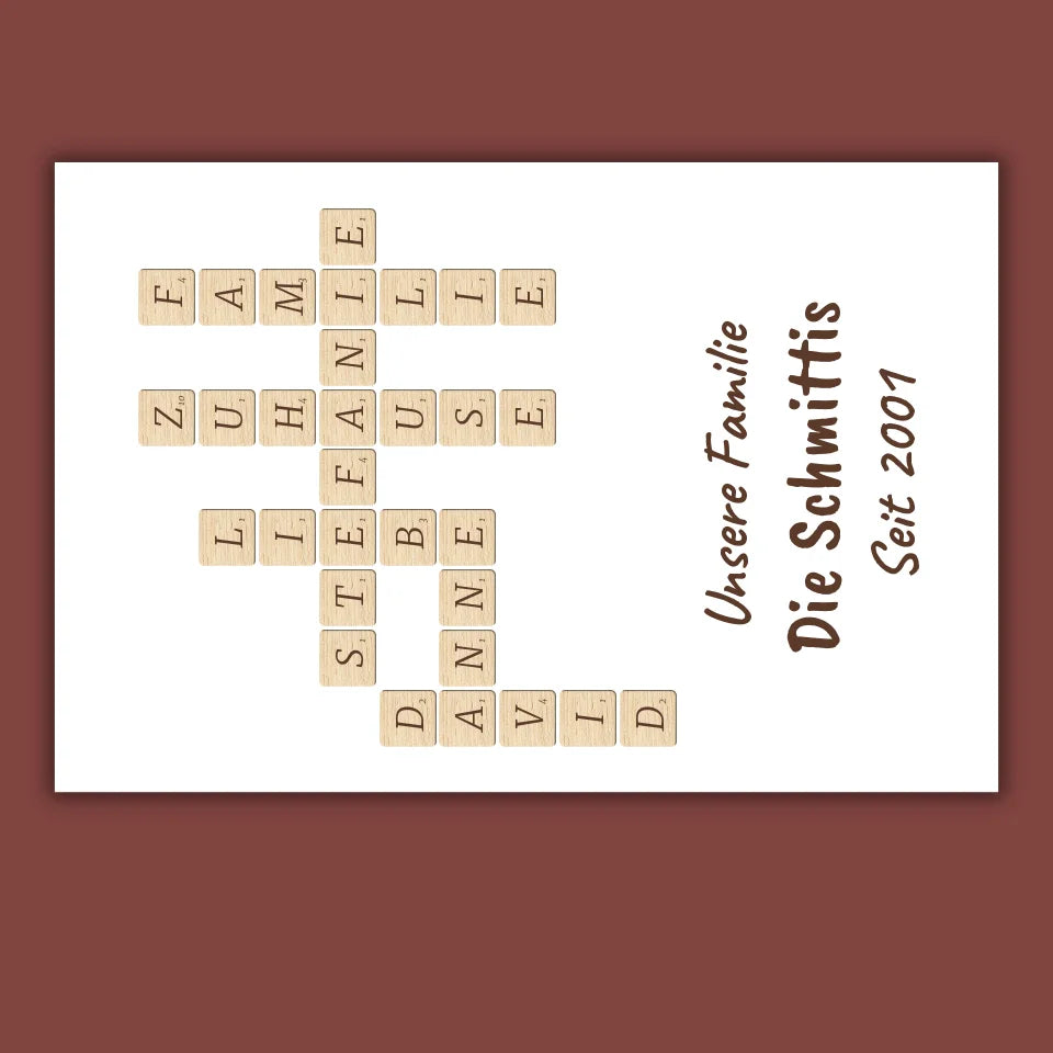 Scrabble deine Namen - individuelle Poster mit Galerierahmen oder als Leinwand