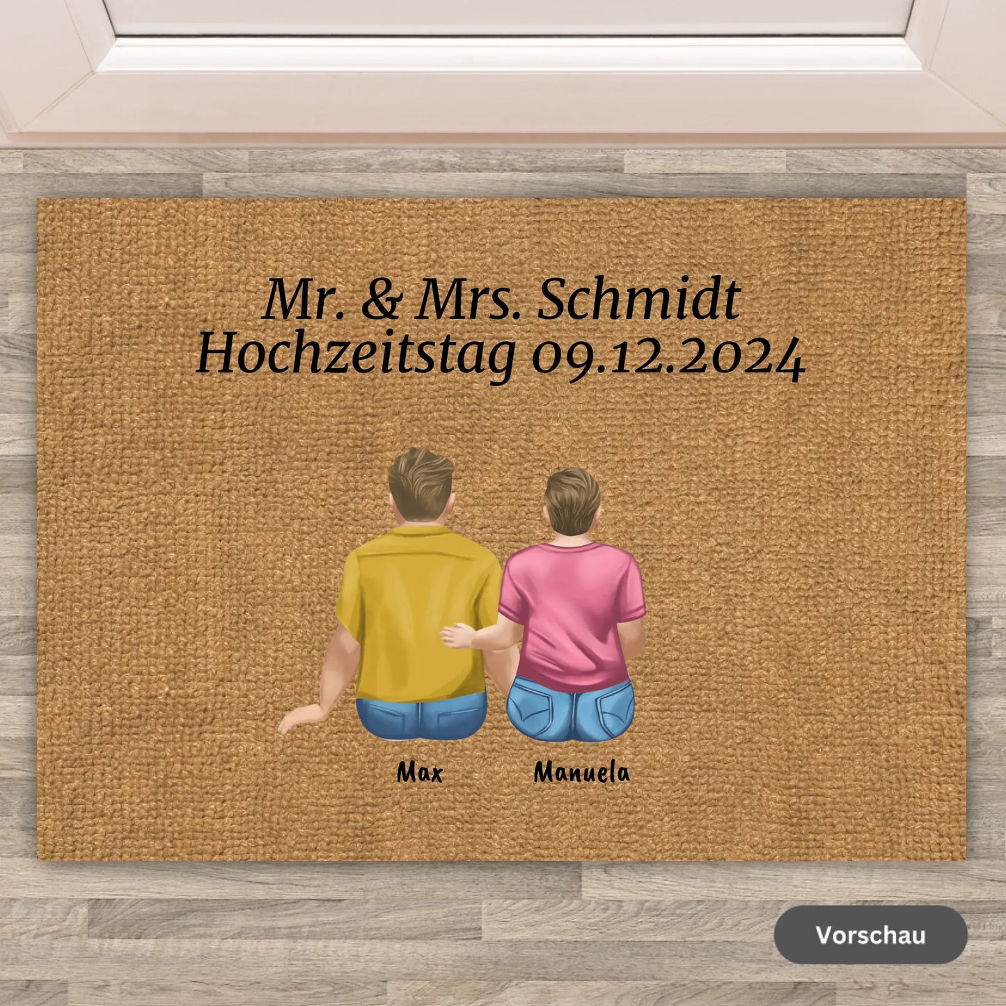 Hochzeit, Braut und Bräutigam mit Familie - personalisierbare Fußmatte