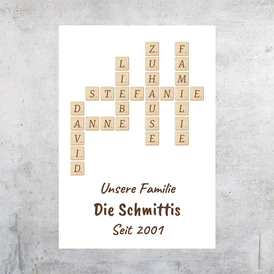 Scrabble deine Namen - individuelle Poster mit Galerierahmen oder als Leinwand