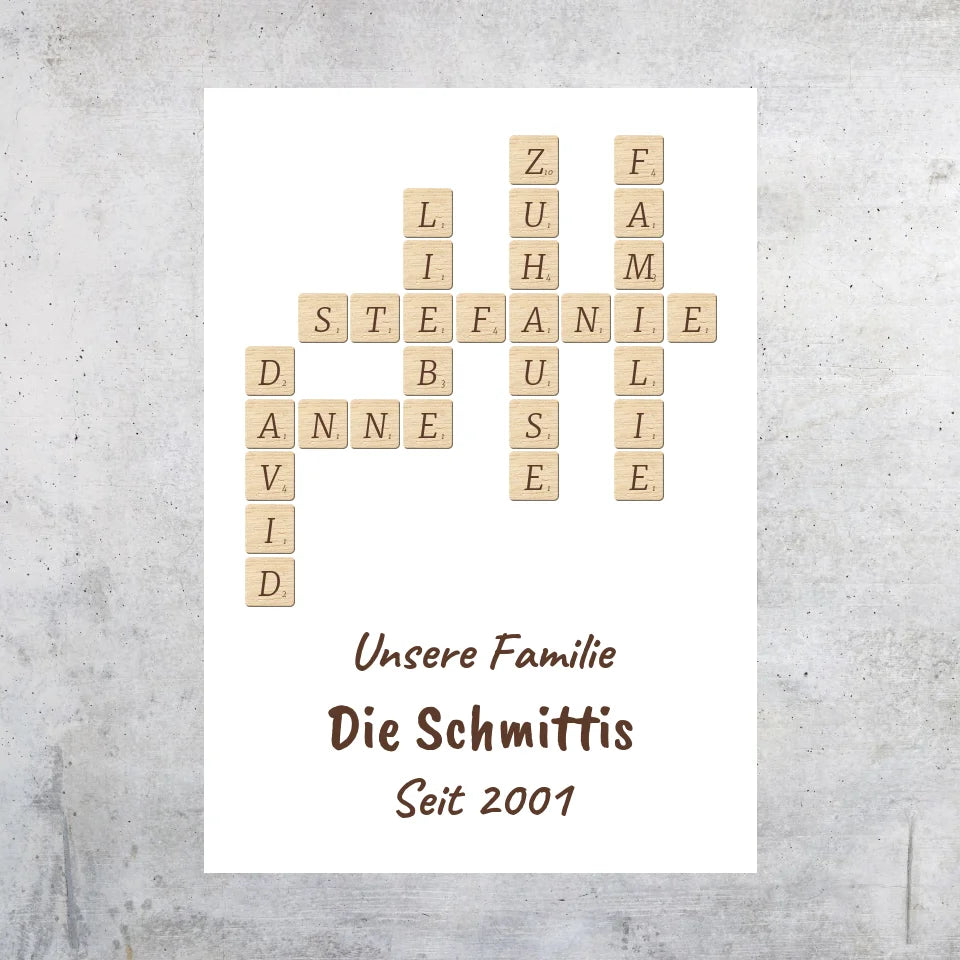 Scrabble deine Namen - individuelle Poster mit Galerierahmen oder als Leinwand