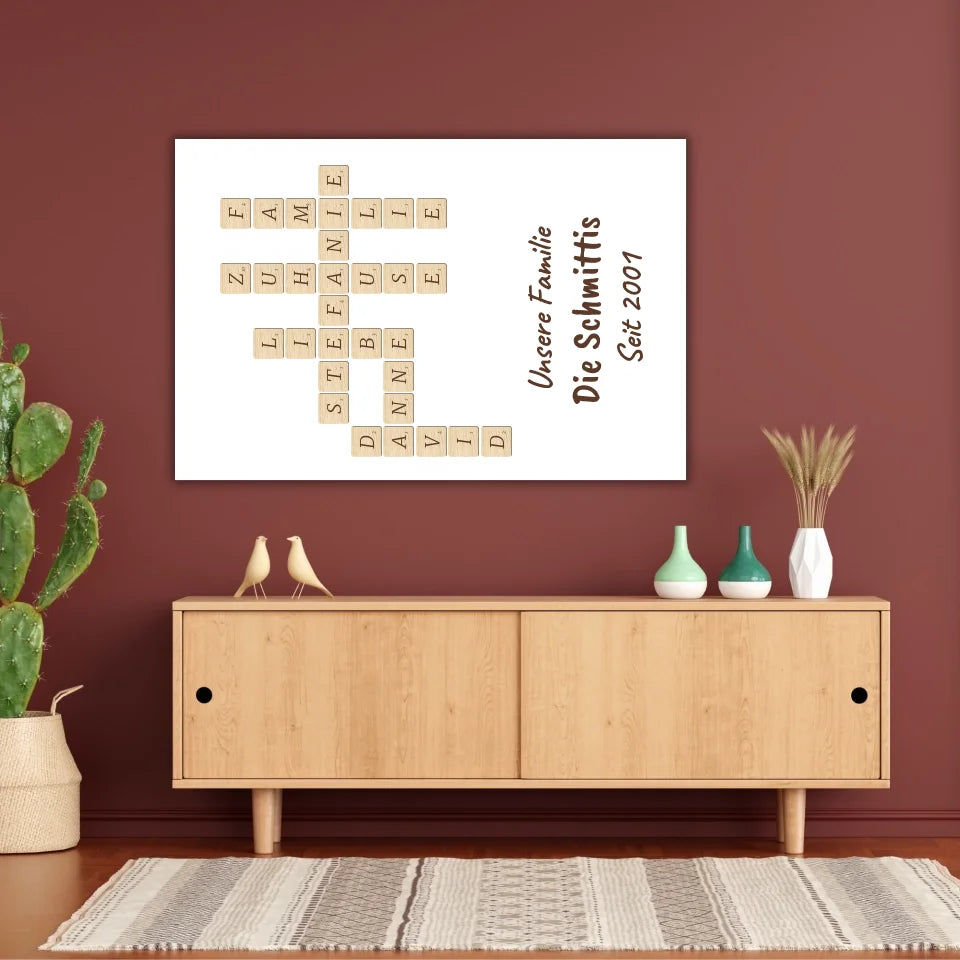 Scrabble deine Namen - individuelle Poster mit Galerierahmen oder als Leinwand