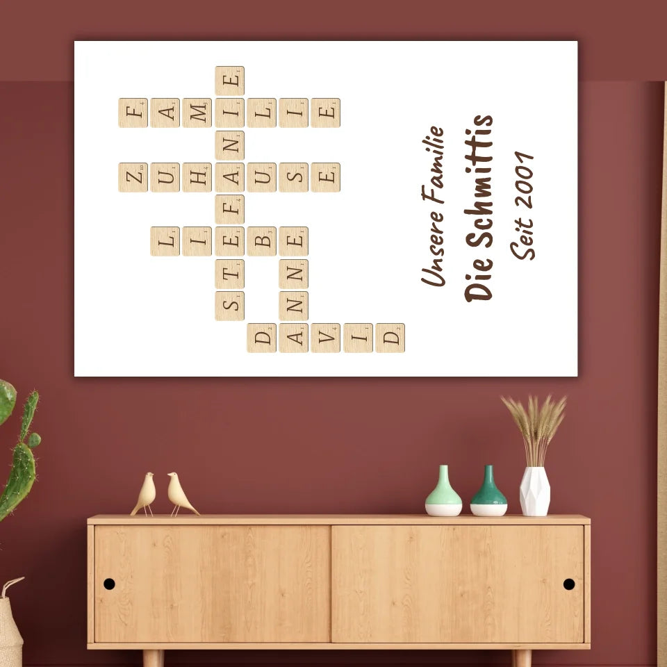 Scrabble deine Namen - individuelle Poster mit Galerierahmen oder als Leinwand