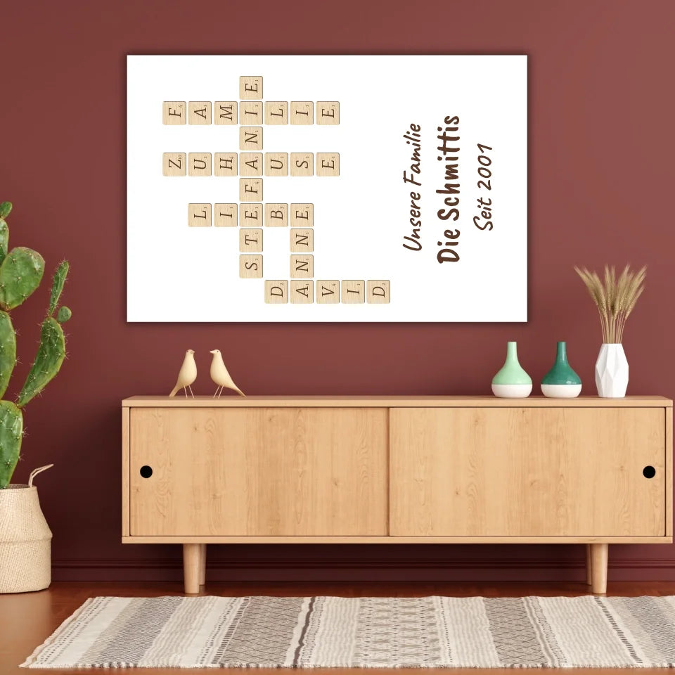 Scrabble deine Namen - individuelle Poster mit Galerierahmen oder als Leinwand