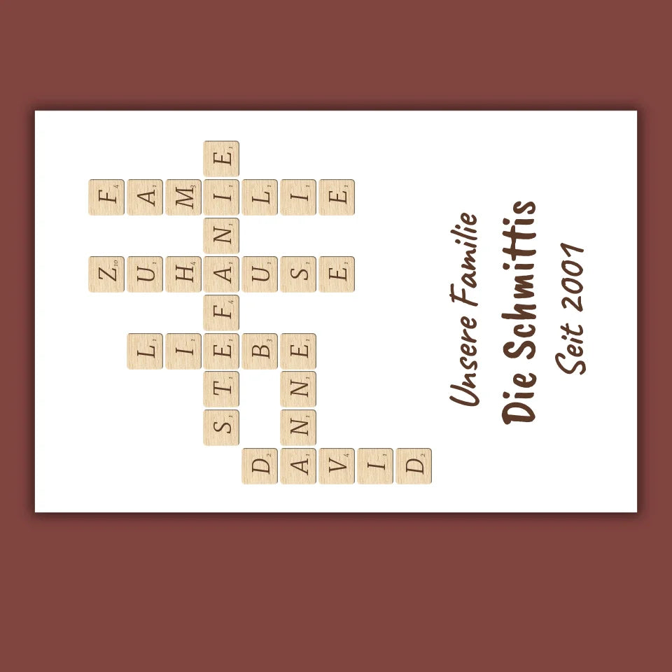 Scrabble deine Namen - individuelle Poster mit Galerierahmen oder als Leinwand