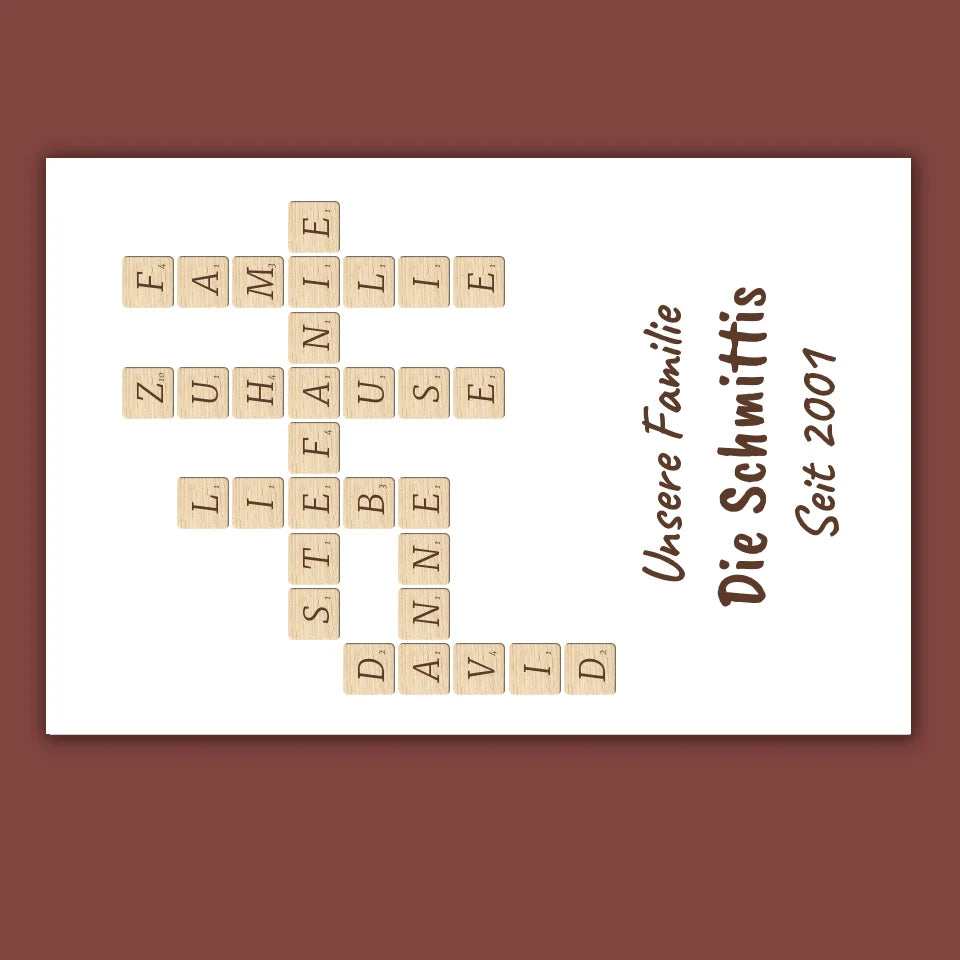 Scrabble deine Namen - individuelle Poster mit Galerierahmen oder als Leinwand