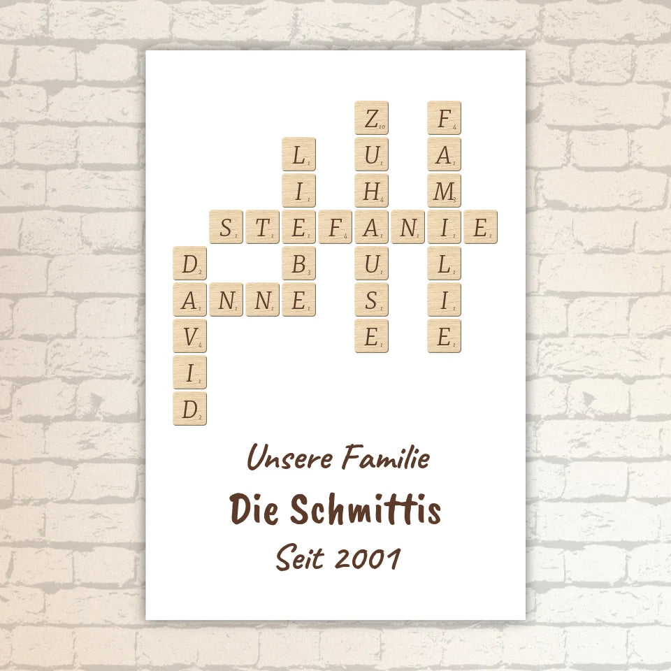 Scrabble deine Namen - individuelle Poster mit Galerierahmen oder als Leinwand