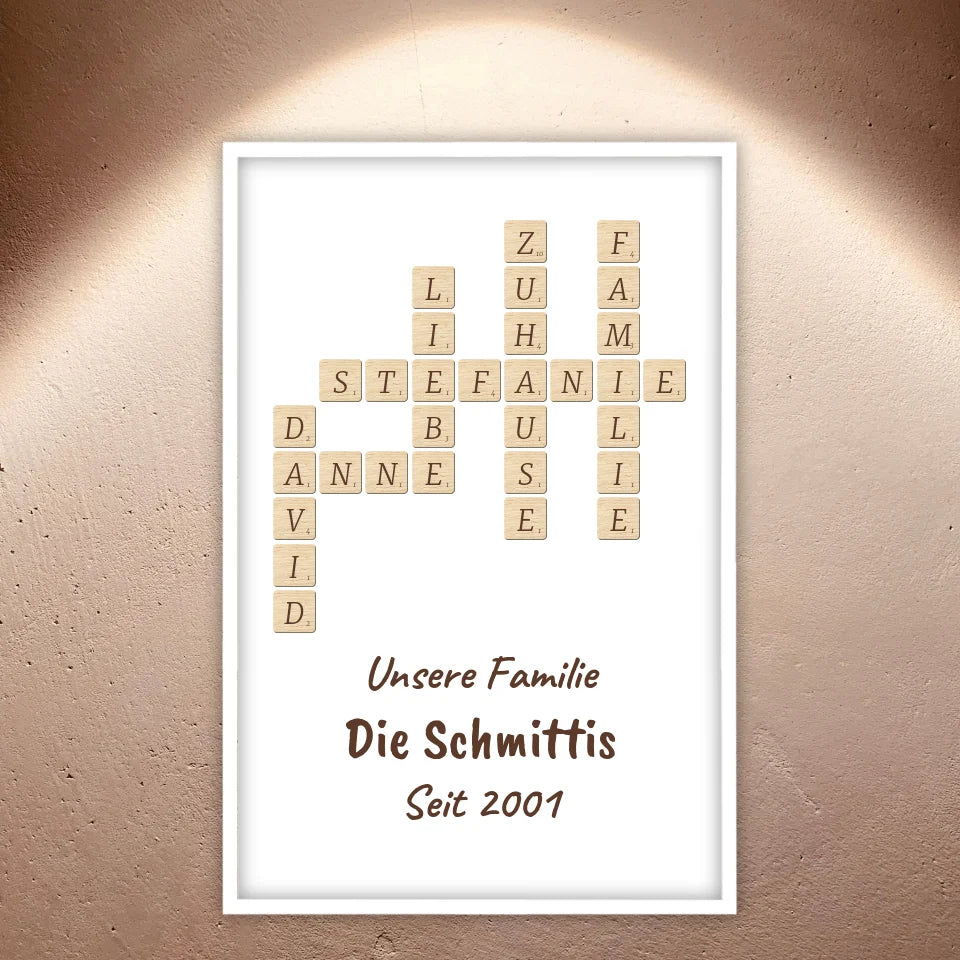 Scrabble deine Namen - individuelle Poster mit Galerierahmen oder als Leinwand
