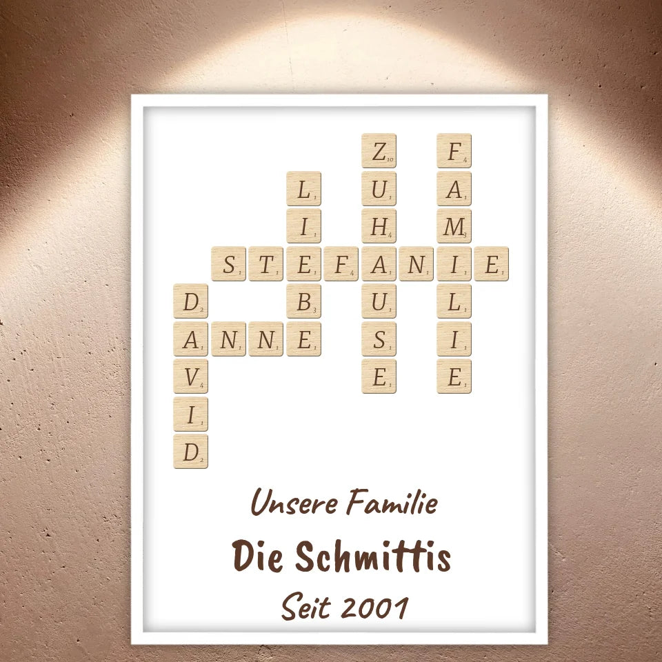 Scrabble deine Namen - individuelle Poster mit Galerierahmen oder als Leinwand