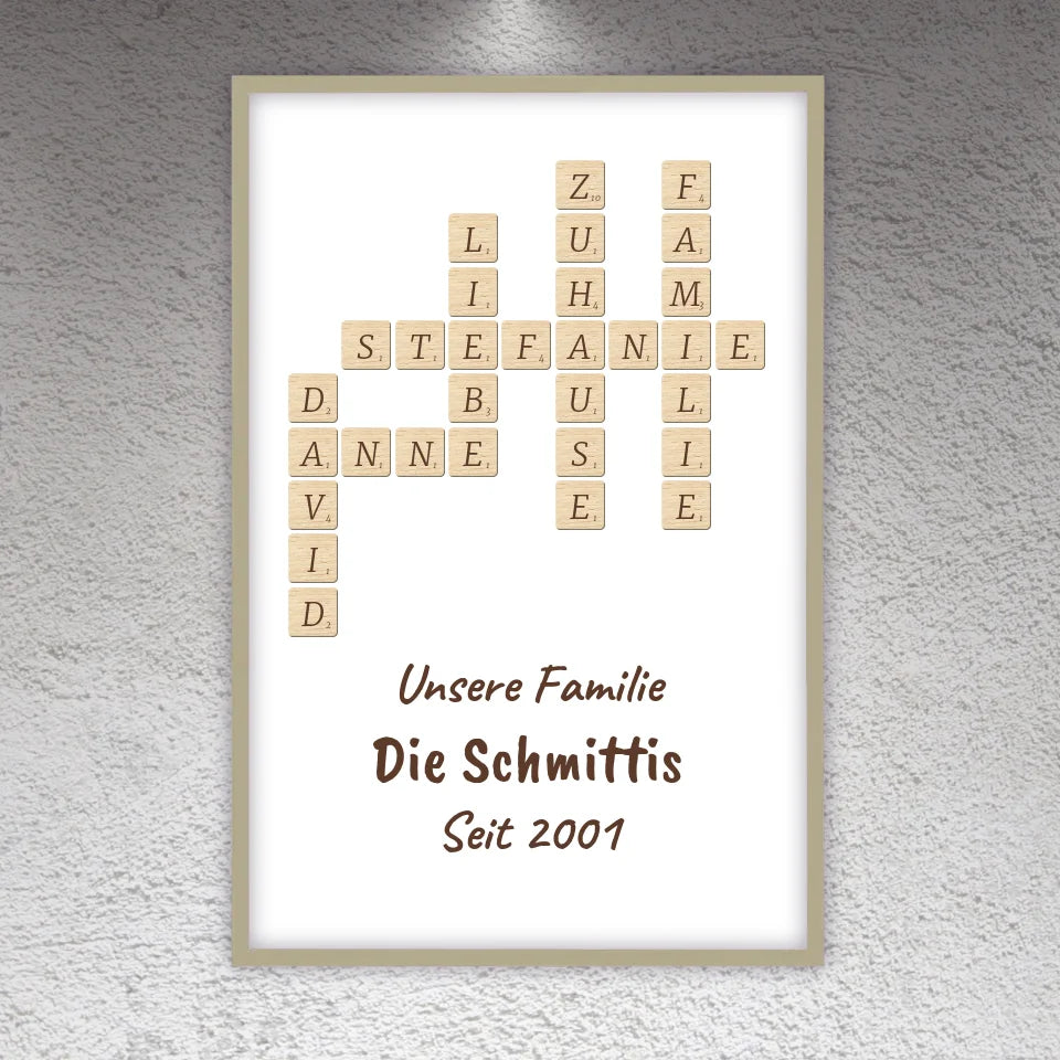 Scrabble deine Namen - individuelle Poster mit Galerierahmen oder als Leinwand