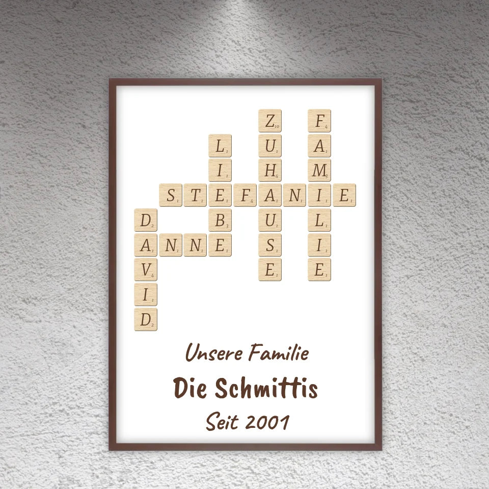 Scrabble deine Namen - individuelle Poster mit Galerierahmen oder als Leinwand