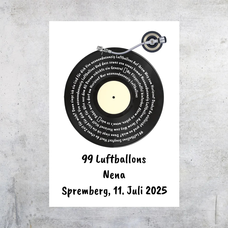 Songtext auf Schallplatte, euer Lieblingssong - individuelles Poster mit Rahmen