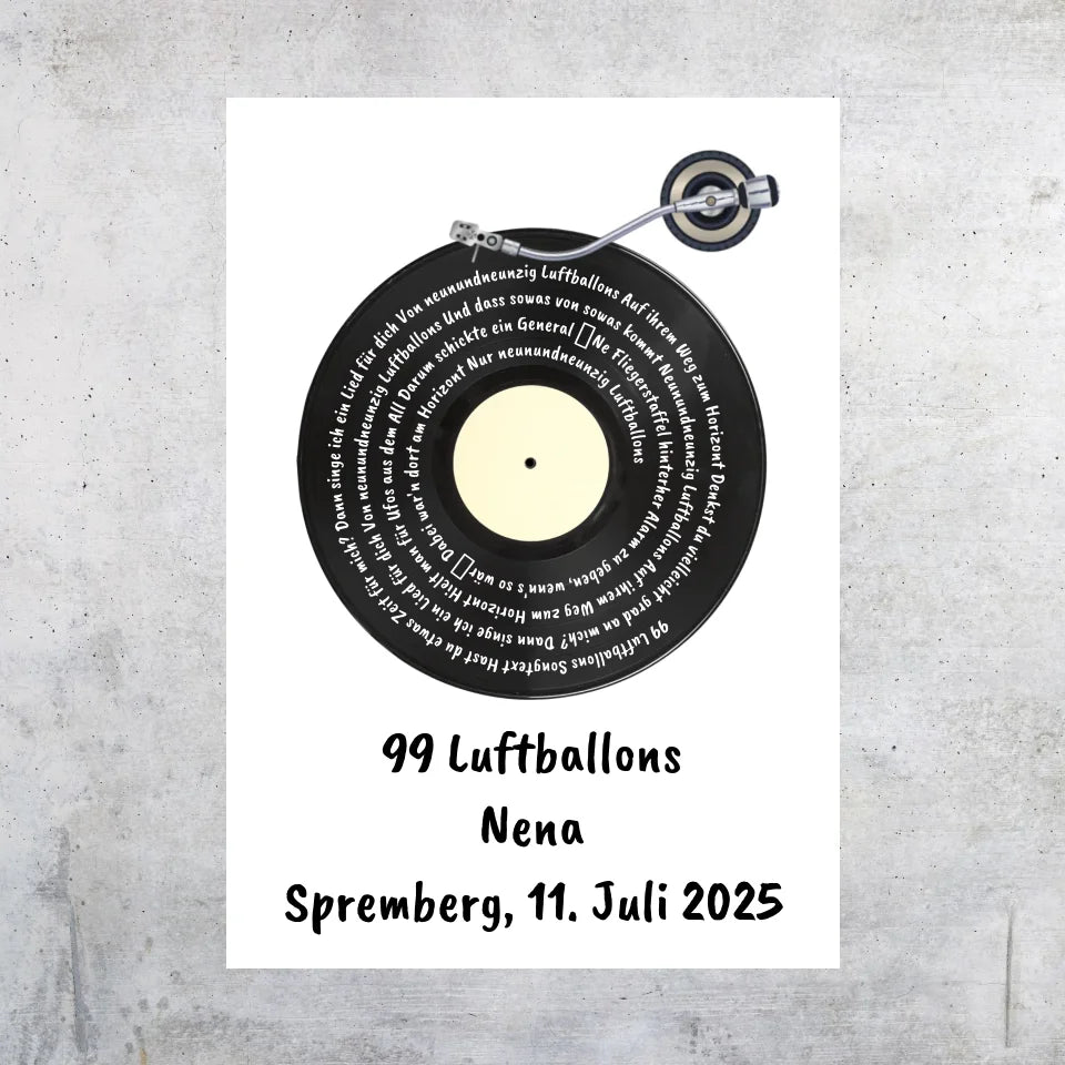 Songtext auf Schallplatte, euer Lieblingssong - individuelles Poster mit Rahmen