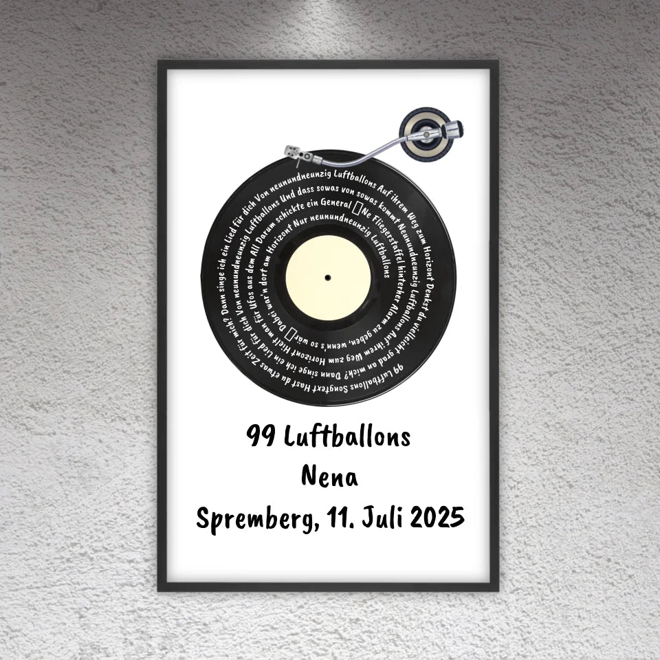 Songtext auf Schallplatte, euer Lieblingssong - individuelles Poster mit Rahmen