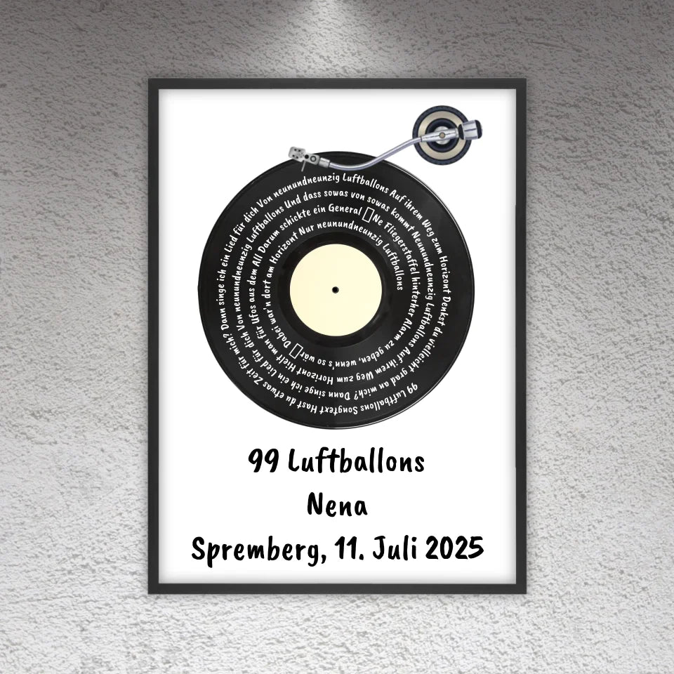 Songtext auf Schallplatte, euer Lieblingssong - individuelles Poster mit Rahmen
