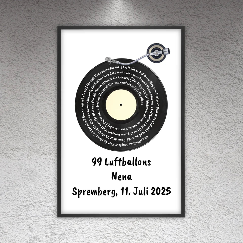 Songtext auf Schallplatte, euer Lieblingssong - individuelles Poster mit Rahmen