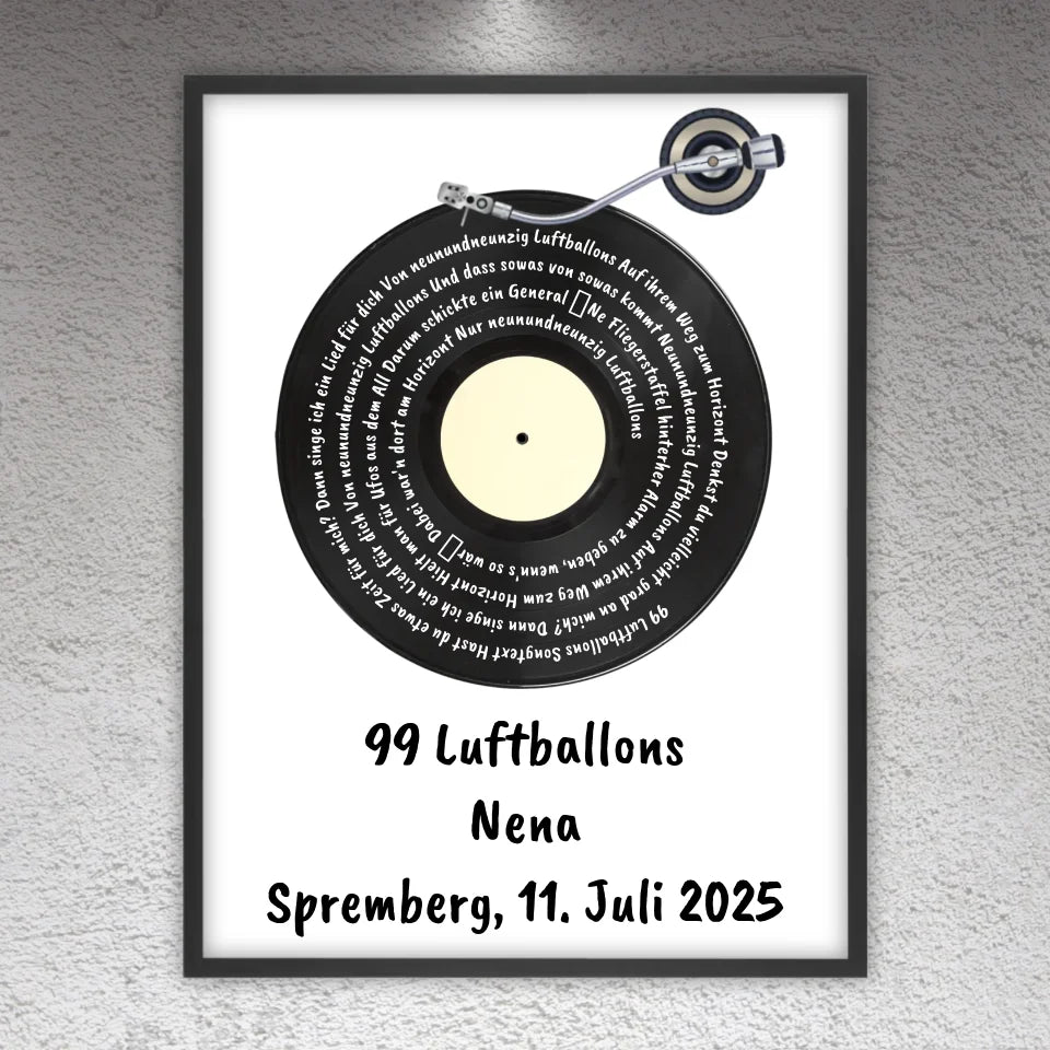 Songtext auf Schallplatte, euer Lieblingssong - individuelles Poster mit Rahmen