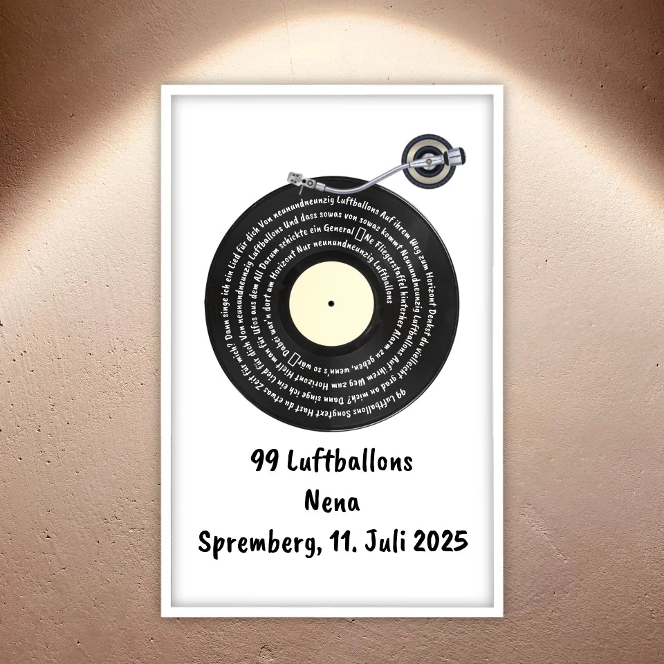 Songtext auf Schallplatte, euer Lieblingssong - individuelles Poster mit Rahmen
