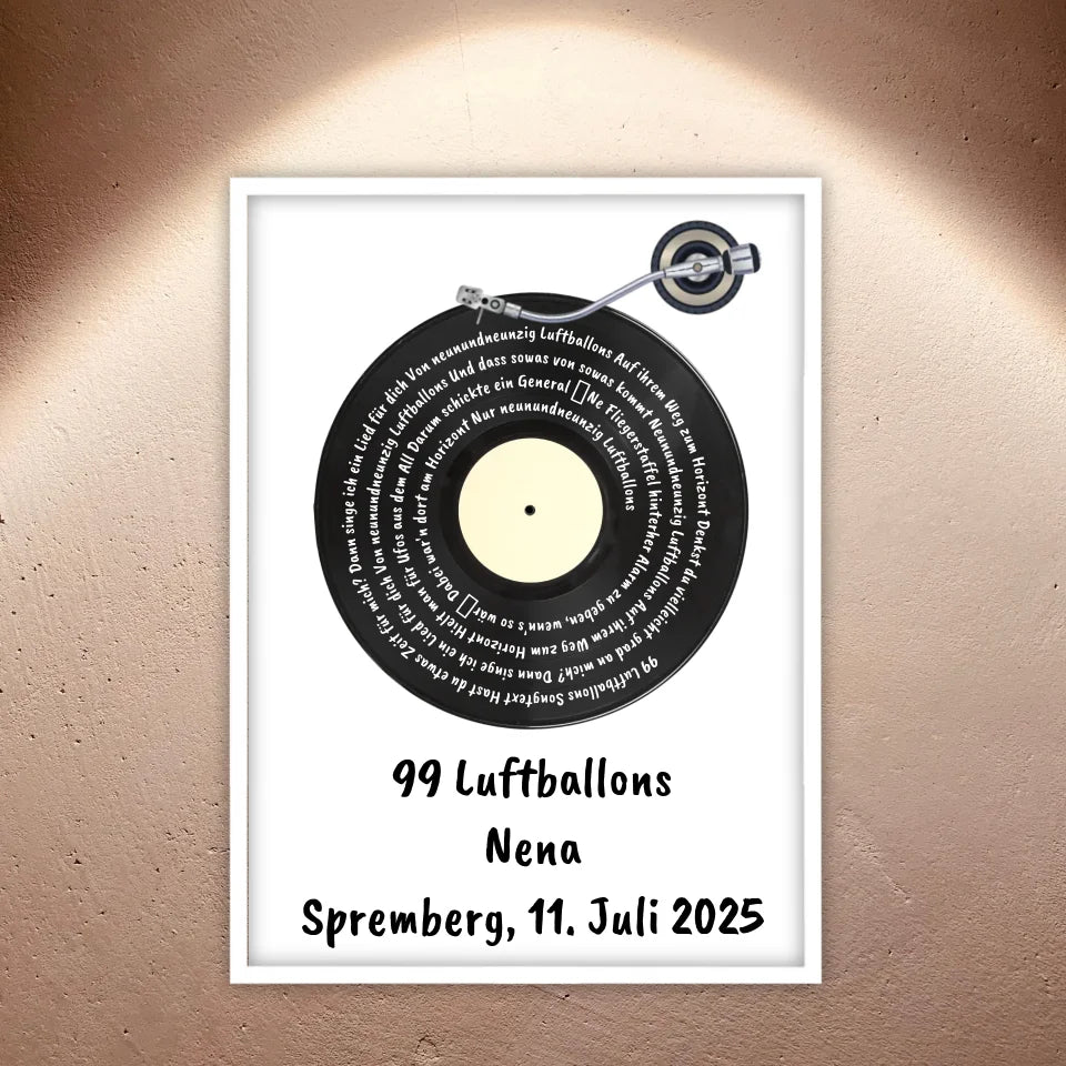 Songtext auf Schallplatte, euer Lieblingssong - individuelles Poster mit Rahmen