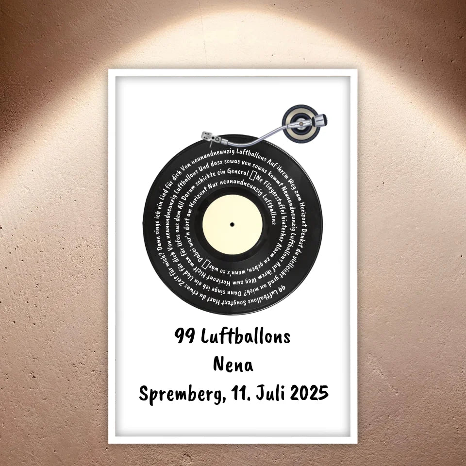 Songtext auf Schallplatte, euer Lieblingssong - individuelles Poster mit Rahmen
