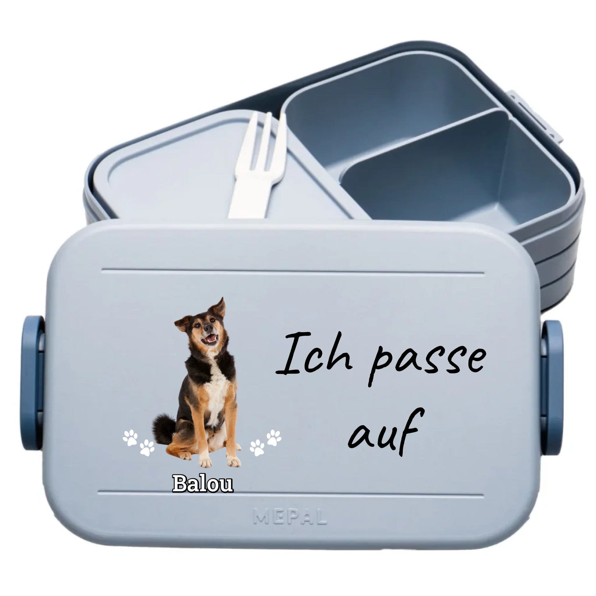 blaue Mepal Brotdose mit Text und Bild selber gestalten