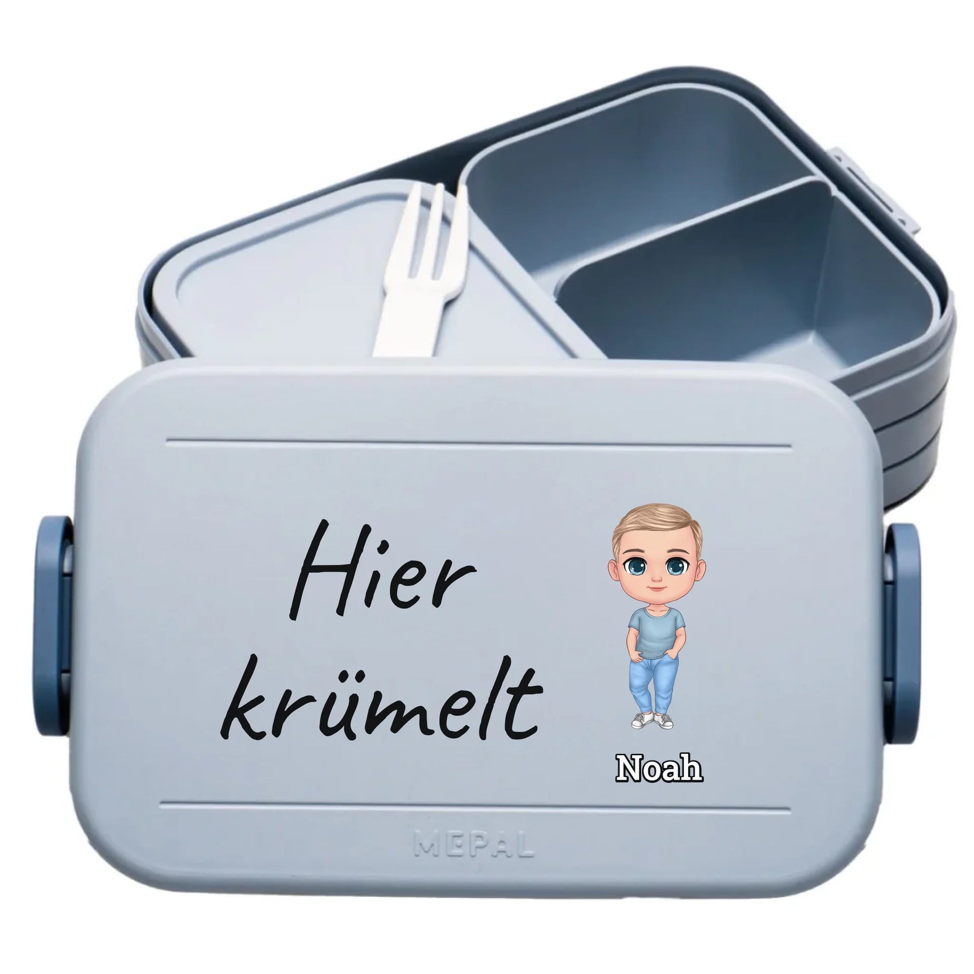 blaue Mepal Brotdose mit Text und Bild selber gestalten