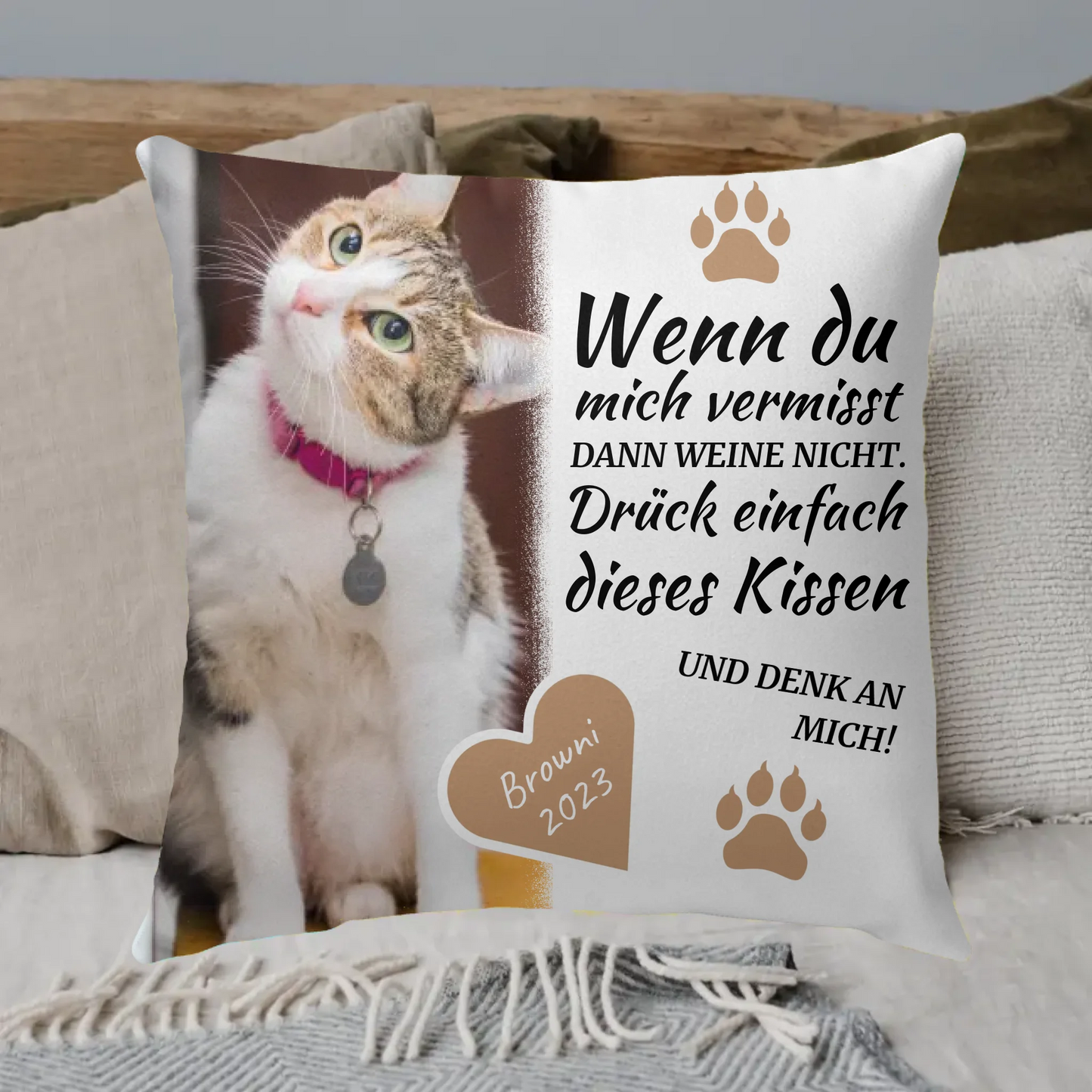 Katzenkissen "Wenn Du mich vermisst" - individuelles Premium Fotokissen
