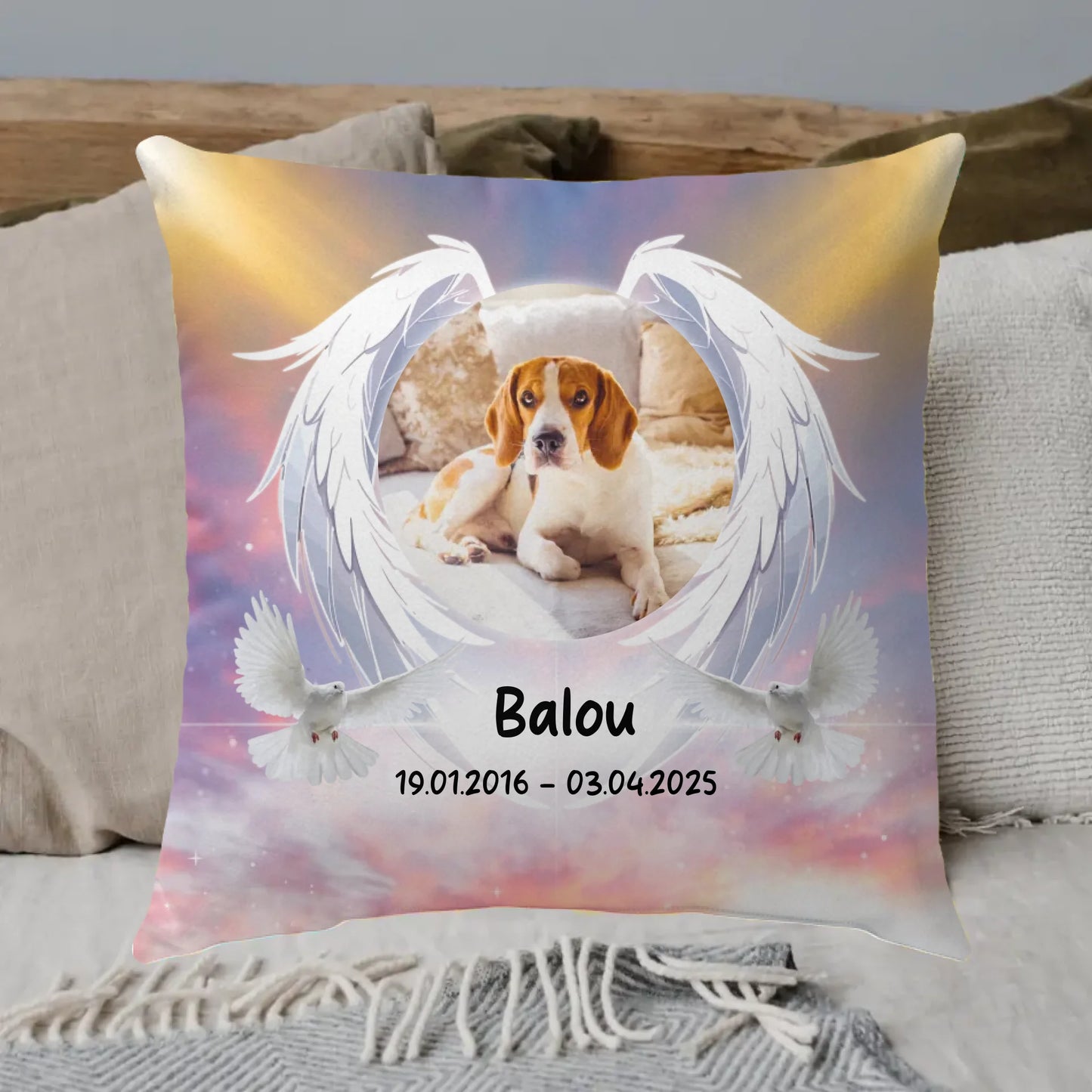 Gedenkkissen mit Hundefoto und Trauerspruch – individuelles Kissen
