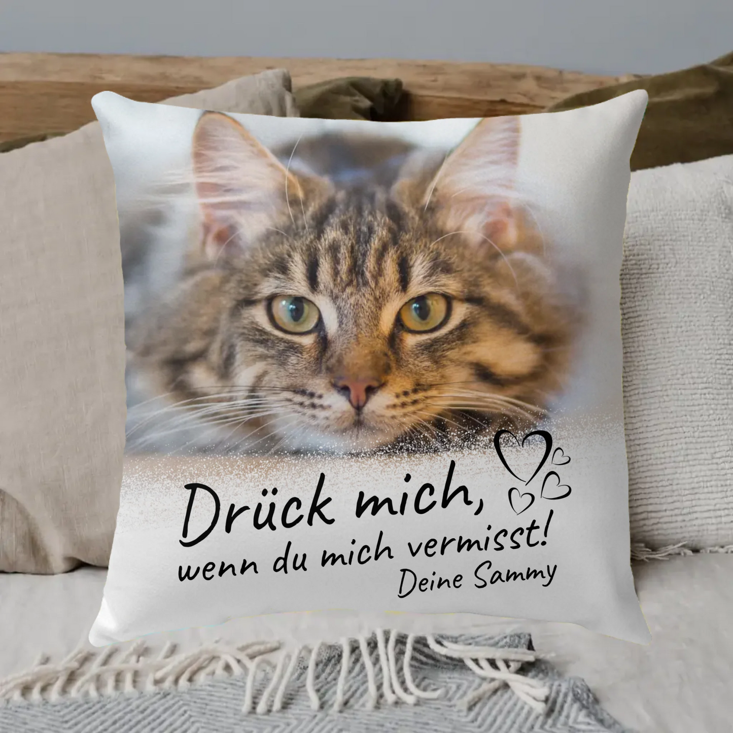 Katzenkissen "Drück mich" - individuelles Premium Fotokissen