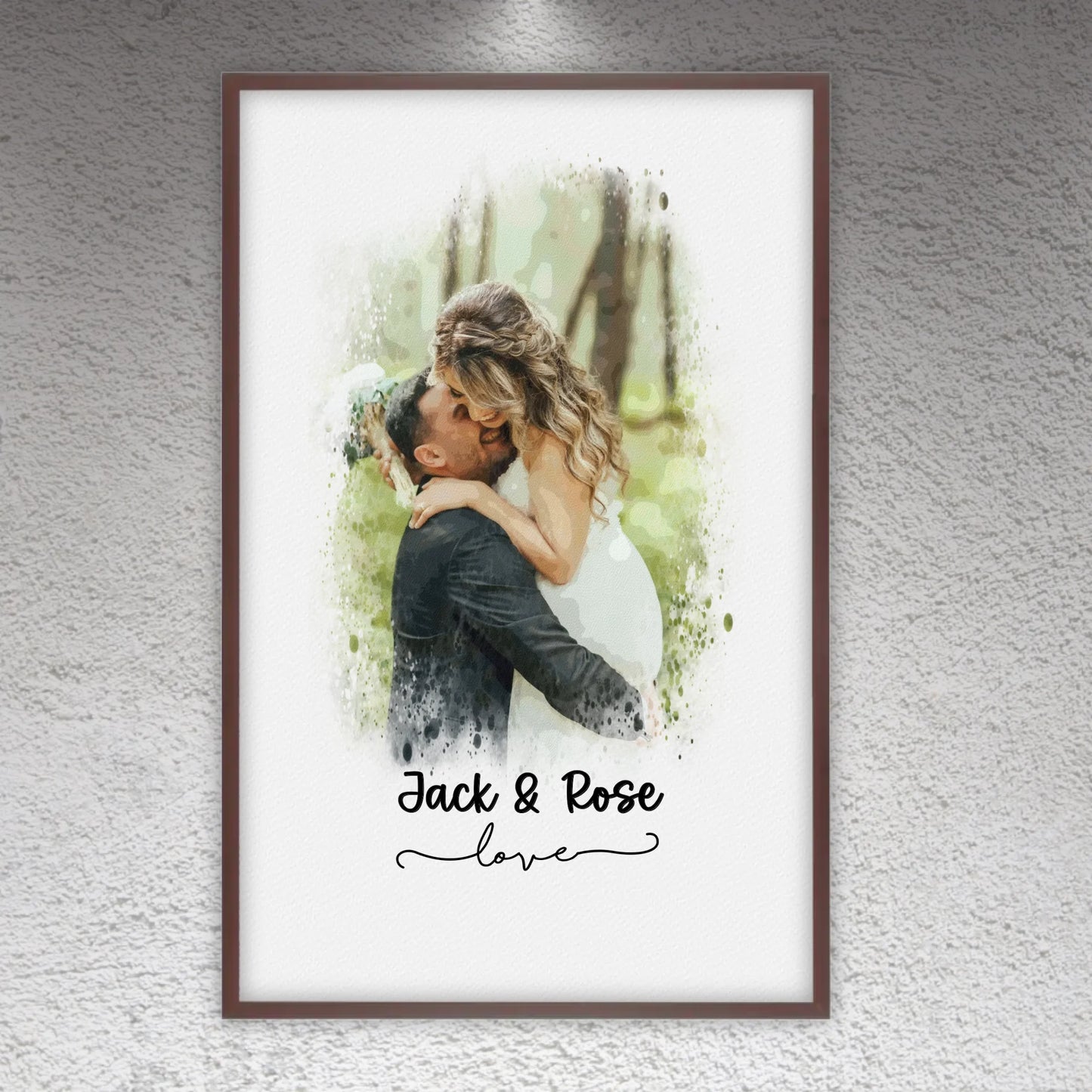 Hochzeitsfoto, Paar Leinwand, Porträt in Wasserfarben - individuelles Poster mit Galerierahmen