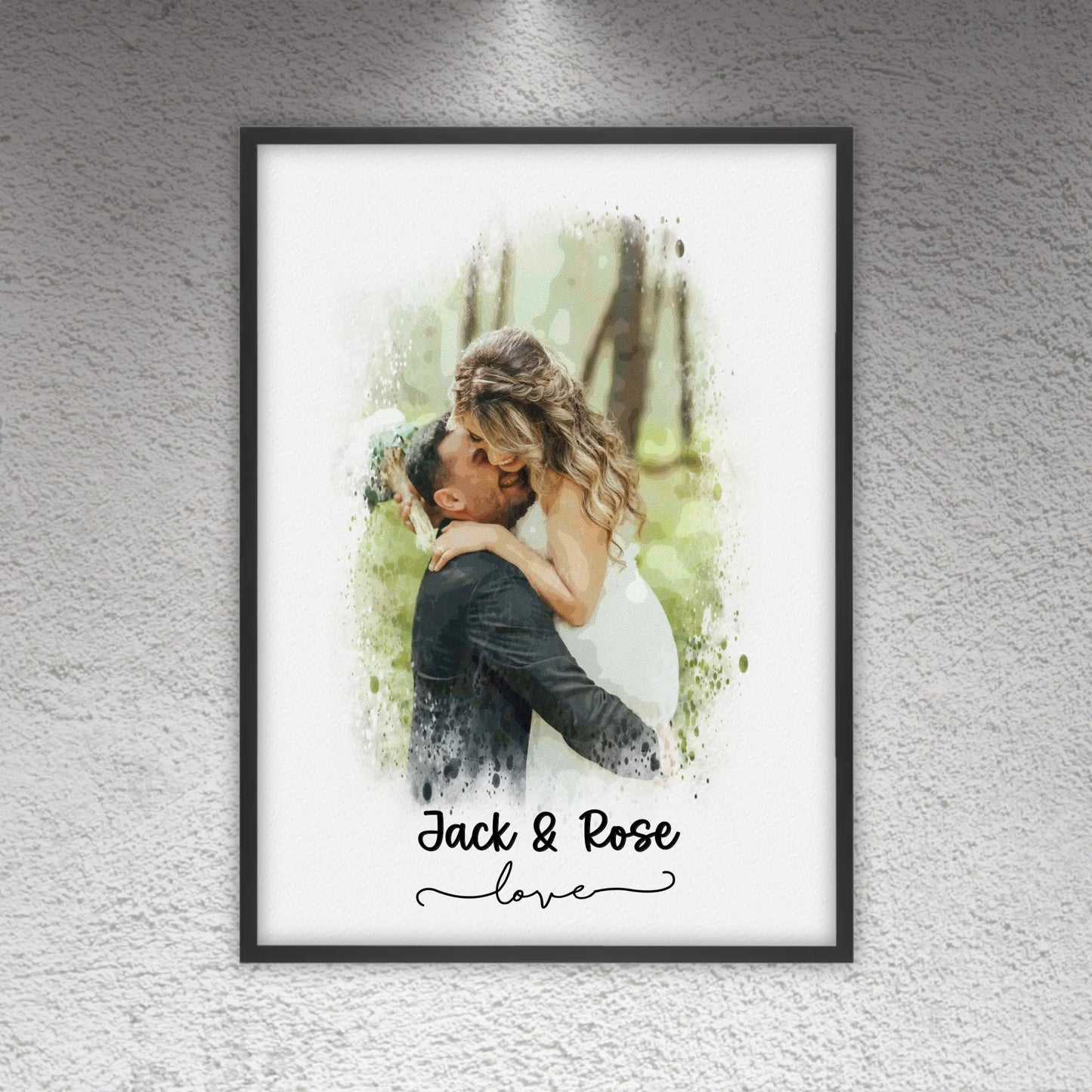 Hochzeitsfoto, Paar Leinwand, Porträt in Wasserfarben - individuelles Poster mit Galerierahmen