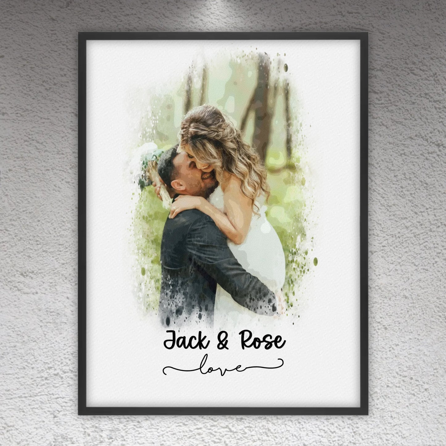 Hochzeitsfoto, Paar Leinwand, Porträt in Wasserfarben - individuelles Poster mit Galerierahmen