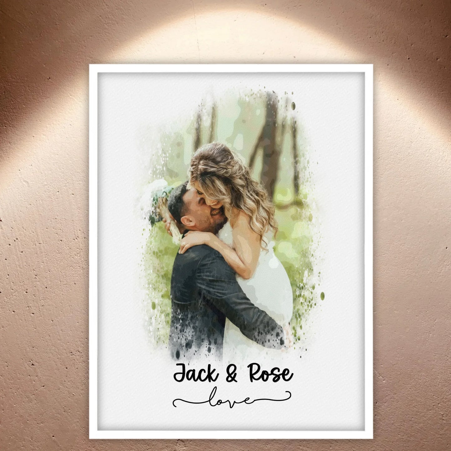 Hochzeitsfoto, Paar Leinwand, Porträt in Wasserfarben - individuelles Poster mit Galerierahmen