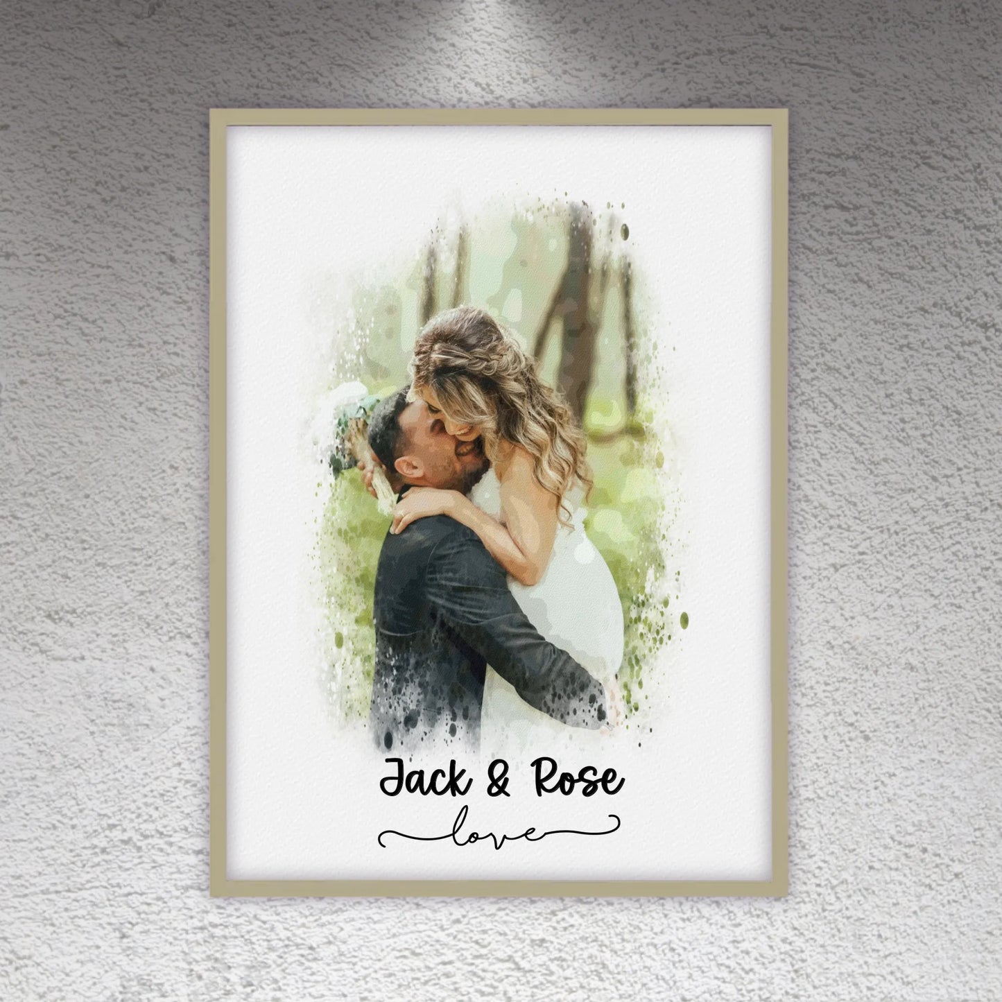 Hochzeitsfoto, Paar Leinwand, Porträt in Wasserfarben - individuelles Poster mit Galerierahmen