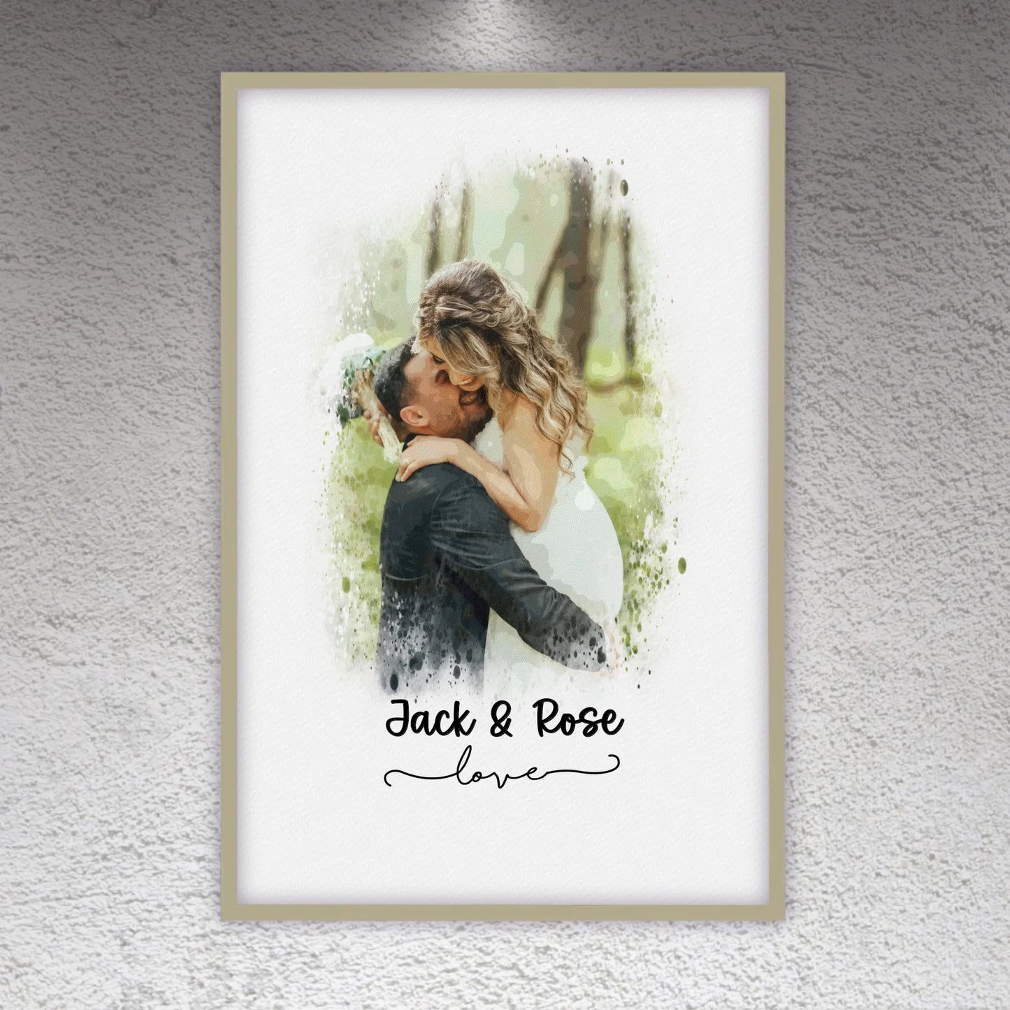 Hochzeitsfoto, Paar Leinwand, Porträt in Wasserfarben - individuelles Poster mit Galerierahmen