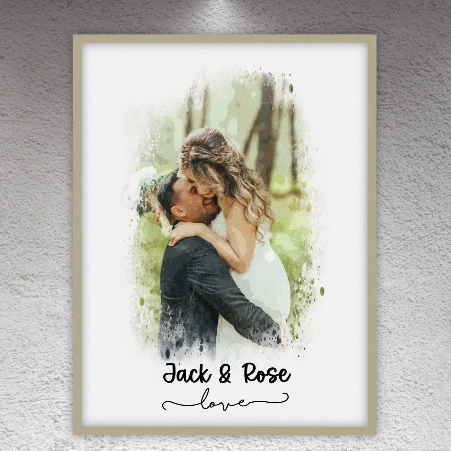 Hochzeitsfoto, Paar Leinwand, Porträt in Wasserfarben - individuelles Poster mit Galerierahmen