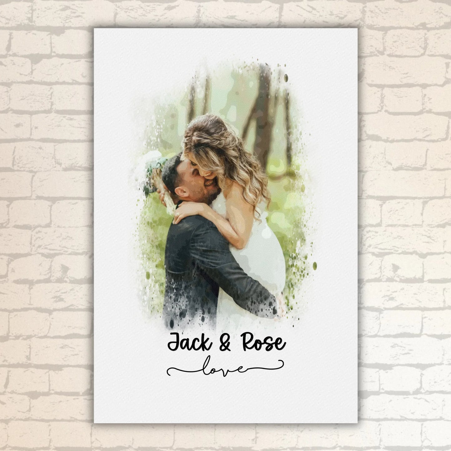 Hochzeitsfoto, Paar Leinwand, Porträt in Wasserfarben - individuelles Poster mit Galerierahmen