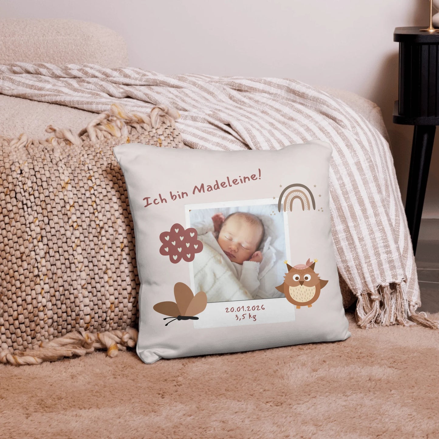 Babykissen mit Namen personalisiert – Kissen mit Foto als liebevolles Geschenk zur Geburt | Personalize Palace