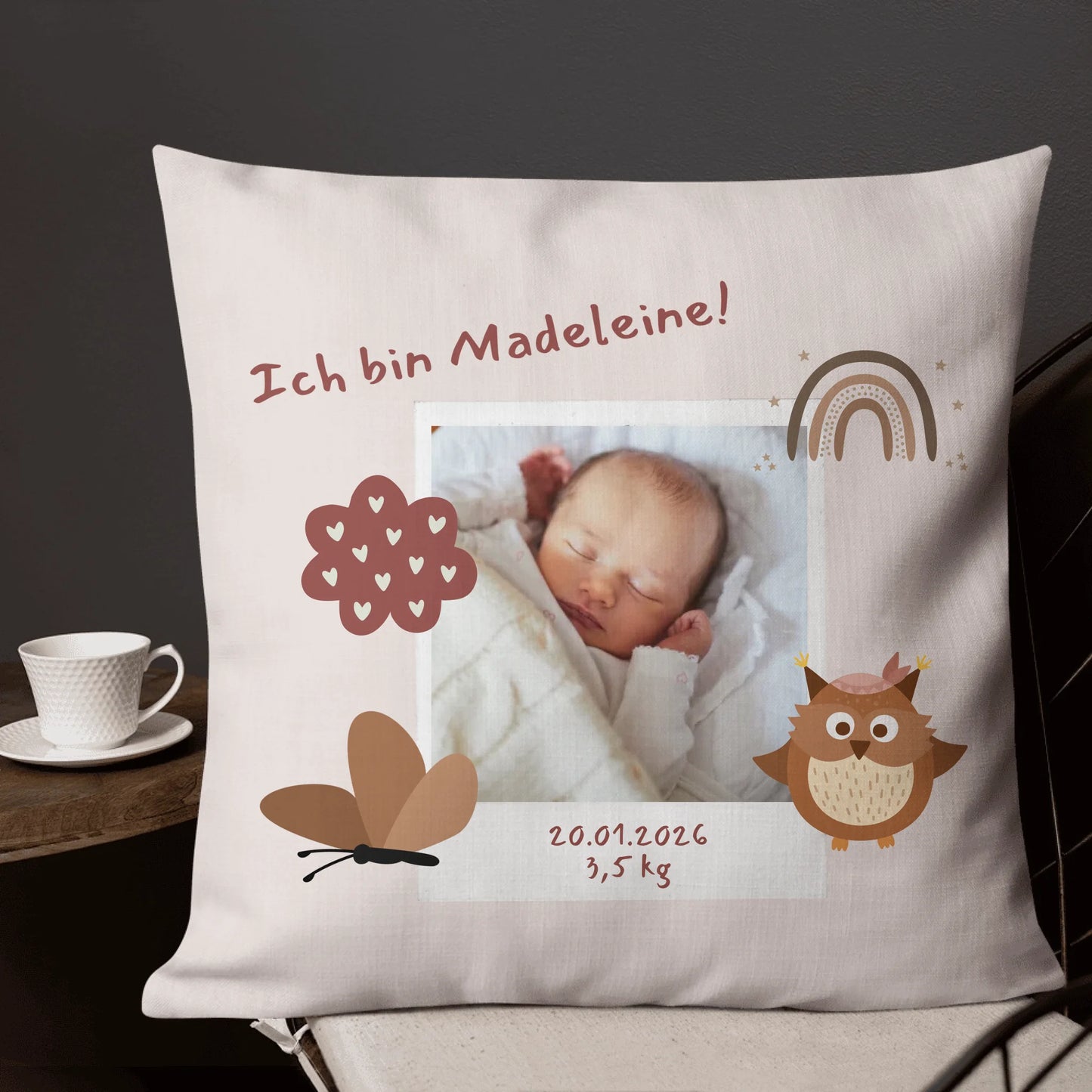 Babykissen mit Namen personalisiert – Kissen mit Foto als liebevolles Geschenk zur Geburt | Personalize Palace