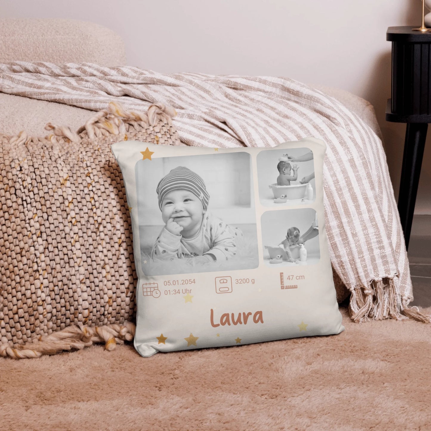Babykissen personalisiert mit Foto – Kissen mit Name & Geburtsdaten | Geschenk zur Geburt | Personalize Palace