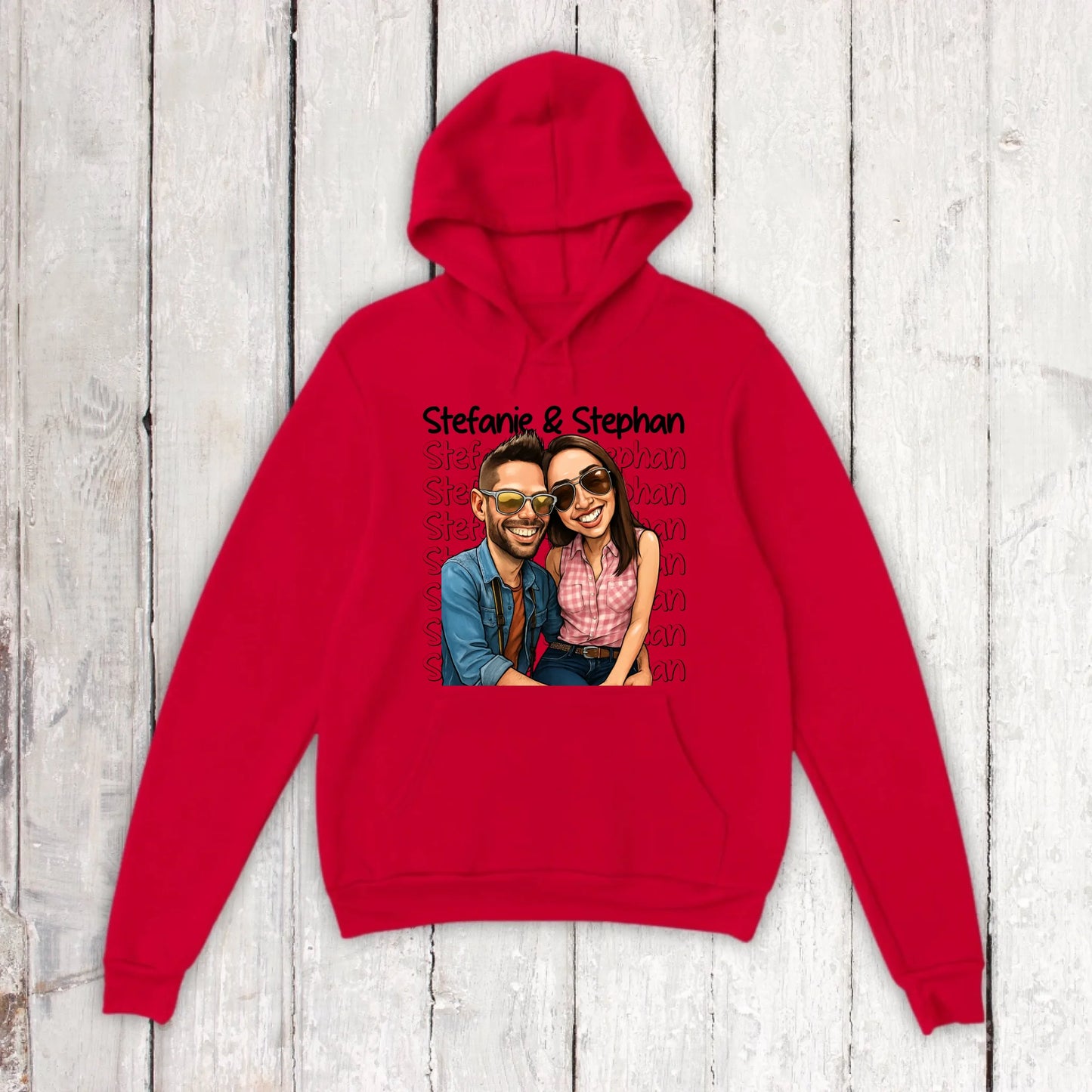 Karikatur Paar Hoodie mit euren Namen und Bild - individueller Hoodie