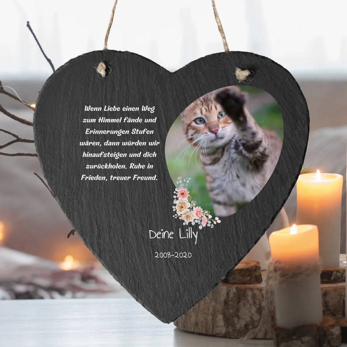 Katzen-Trauerschild und Gedenktafel aus Schiefer - Schieferherz zum hinstellen | Personalize Palace